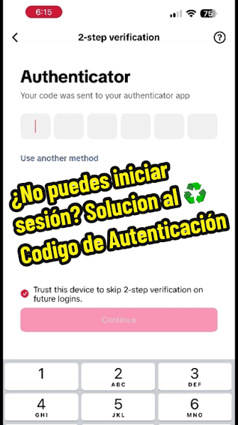 Mobile authenticator code entry screen with an alternate verification method
