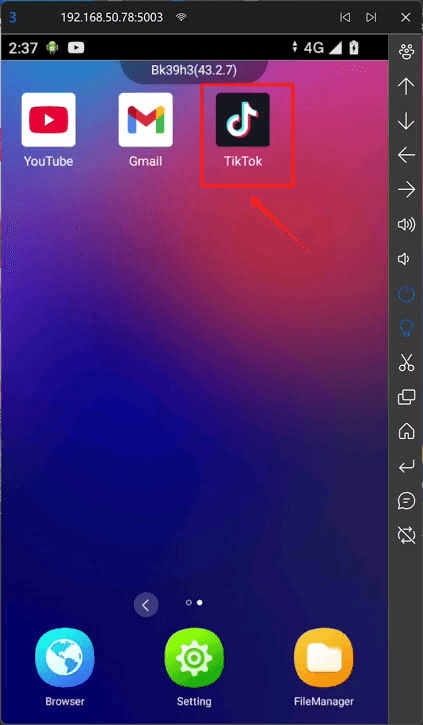 TikTok app visible in an Android device testing environment