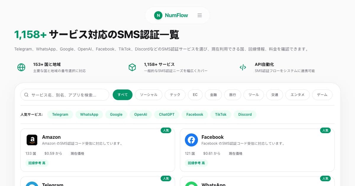 「オンラインでSMS認証コードを受信する実用ガイド」に関連する現在のNumFlow画面