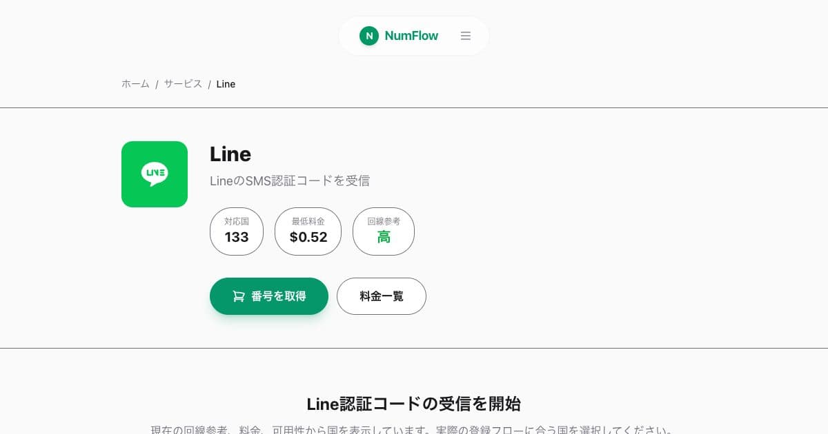 「LINE認証コードガイド：国番号とSMS時間」に関連する現在のNumFlow画面
