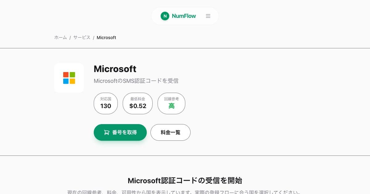 「Microsoft認証コードが届かない時のSMSチェック」に関連する現在のNumFlow画面