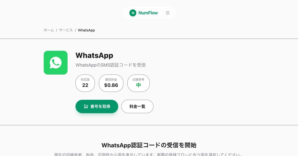 「WhatsApp認証コードが届かない時の注文確認」に関連する現在のNumFlow画面