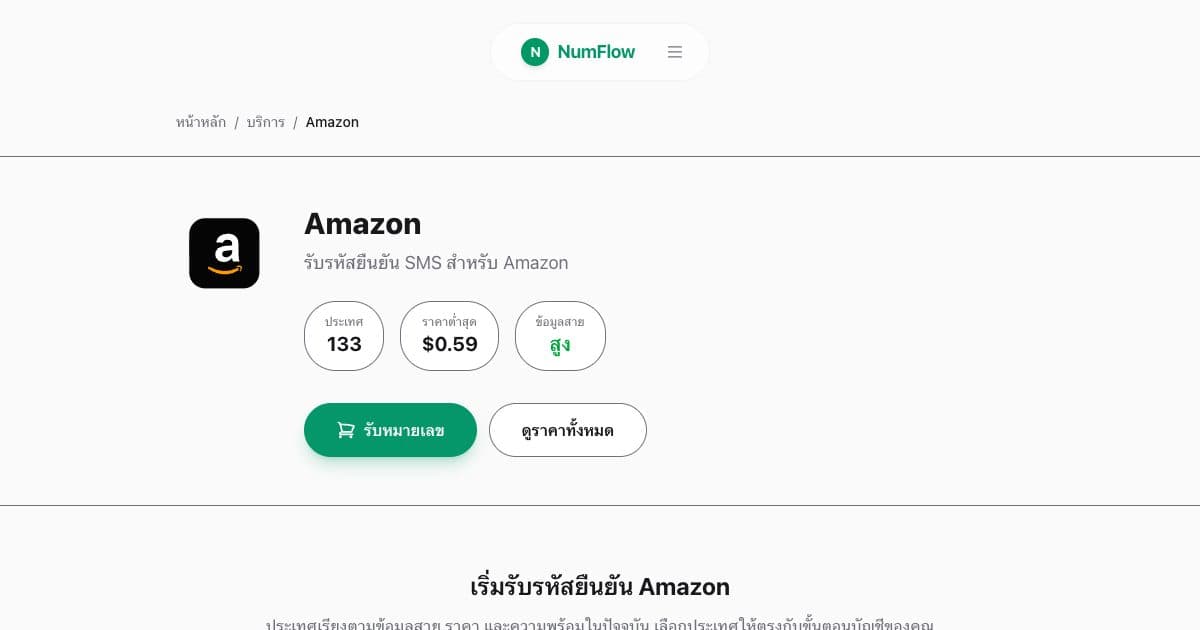 หน้า NumFlow ปัจจุบันที่เกี่ยวข้องกับ คู่มือ Amazon Phone Verification สำหรับรหัส SMS