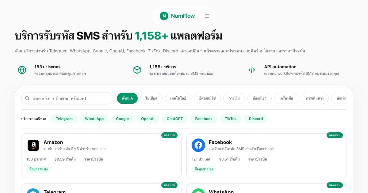 หน้า NumFlow ปัจจุบันที่เกี่ยวข้องกับ คู่มือรับรหัส SMS ออนไลน์สำหรับการยืนยันตัวตน