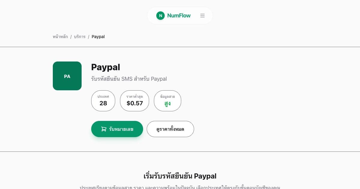 หน้า NumFlow ปัจจุบันที่เกี่ยวข้องกับ การยืนยันโทรศัพท์ PayPal: ประเทศและการกู้คืน