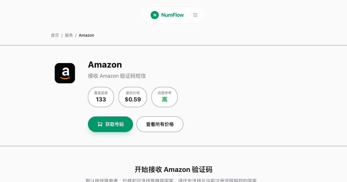 与“Amazon 手机短信验证指南”相关的 NumFlow 当前界面