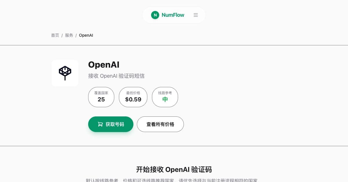 与“OpenAI 与 ChatGPT 手机验证指南”相关的 NumFlow 当前界面